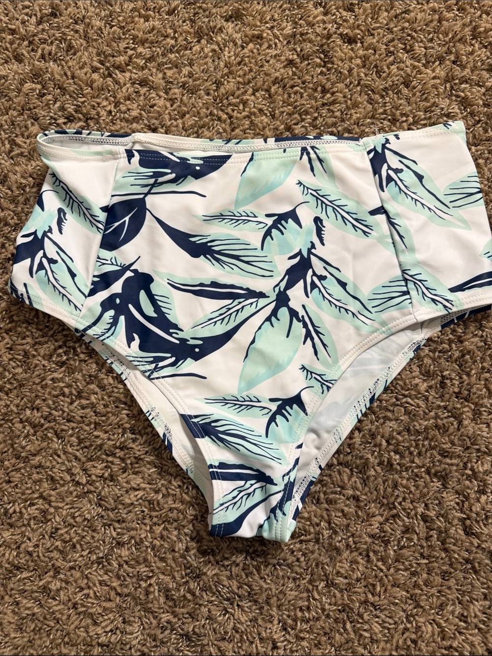 SHEIN Navy & Mint Leaf-Print High-Waist Bikini Bottoms